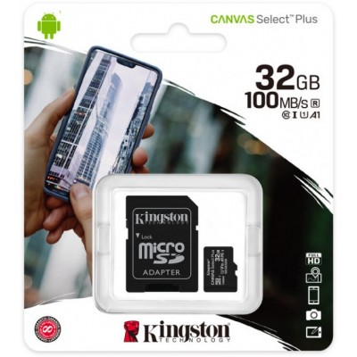 Карта пам'яті MicroSD 32 Gb + SD (class10) UHS-I Canvas Select Plus А1 (R-100MB/s) Kingston